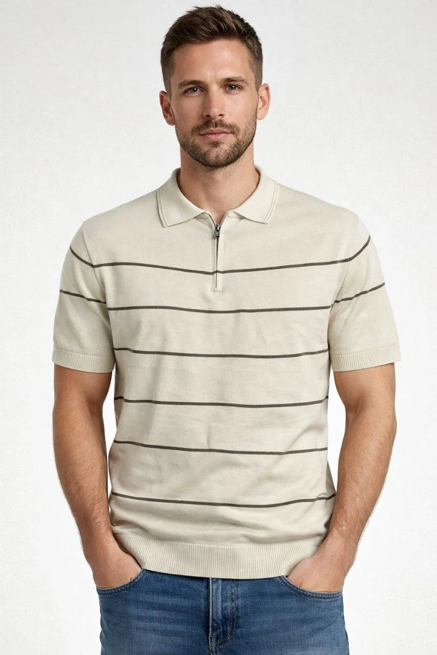 ASSEMA Erkek T-shirt Çizgili Triko Dokuma Kumaş Polo Yaka Yarım Fermuarlı Regular Kalıp Tişört - Bej