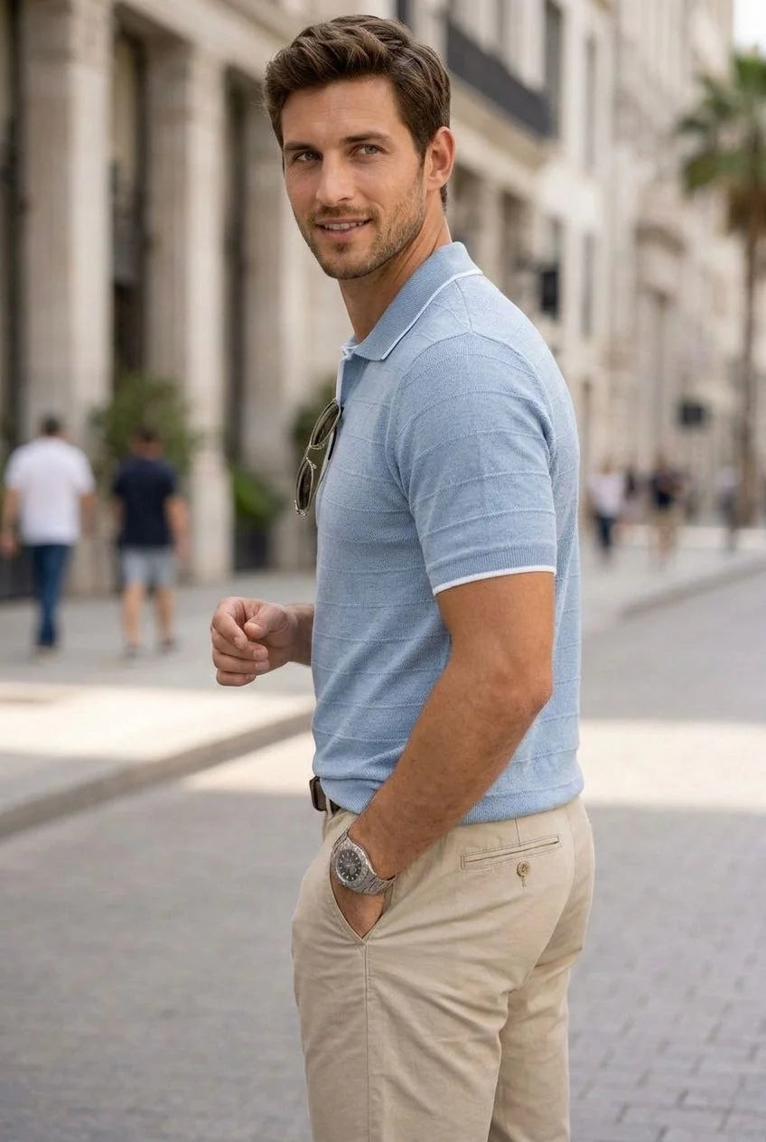 ASSEMA Erkek Triko Kumaş Düğmesiz Yakalı Fitilli Kısa Kollu Regular Fit Tişört T-shirt - Bebek Mavisi