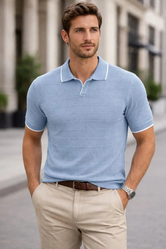 ASSEMA Erkek Triko Kumaş Düğmesiz Yakalı Fitilli Kısa Kollu Regular Fit Tişört T-shirt - Bebek Mavisi
