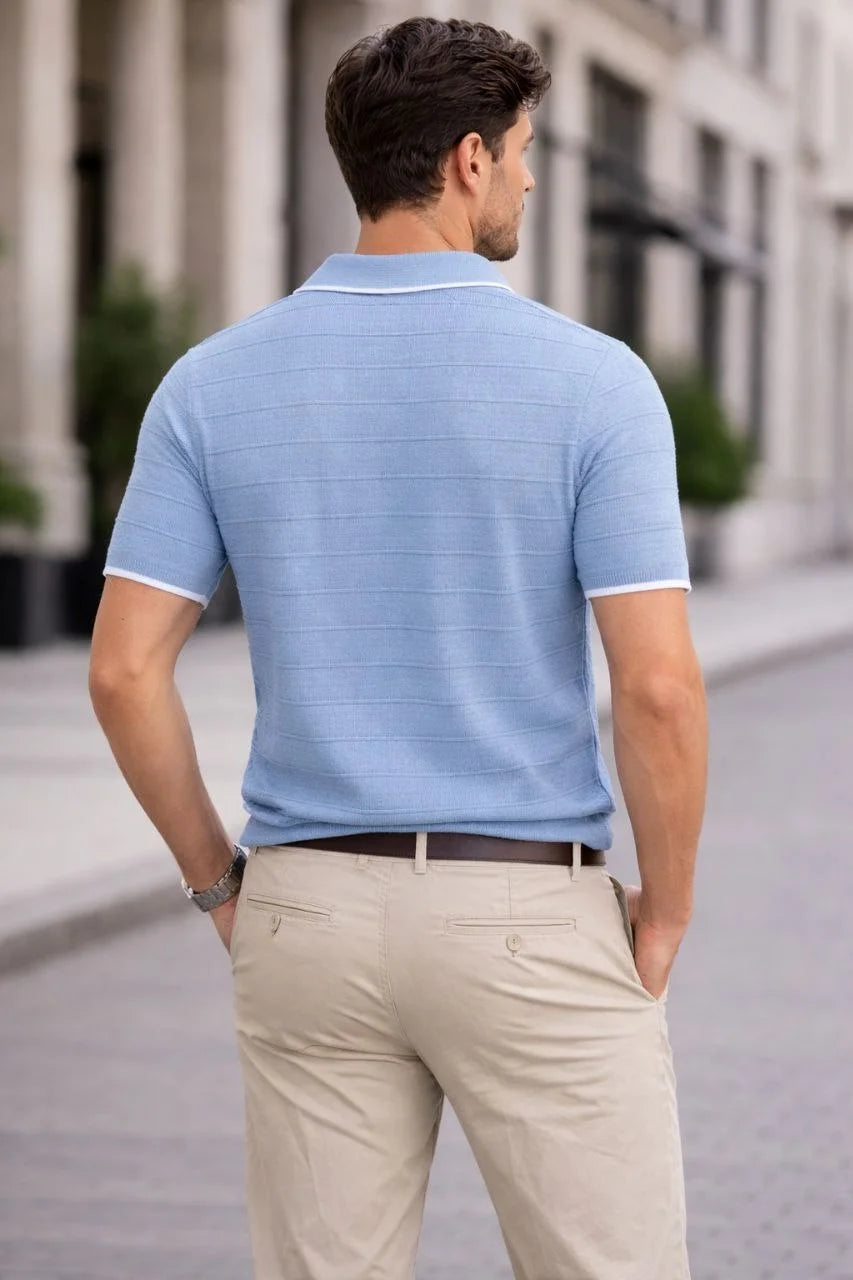 ASSEMA Erkek Triko Kumaş Düğmesiz Yakalı Fitilli Kısa Kollu Regular Fit Tişört T-shirt - Bebek Mavisi