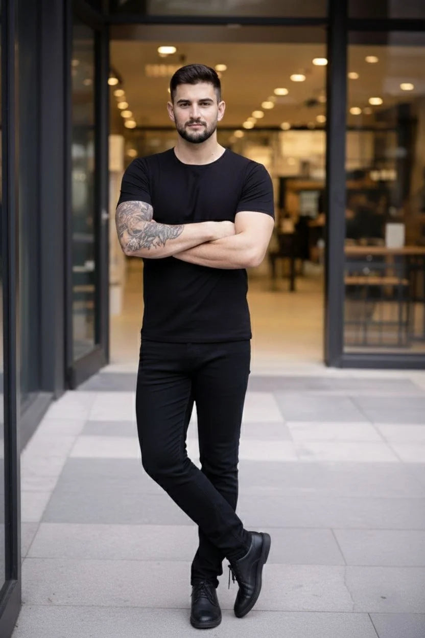 ASSEMA Erkek 2'li Bisiklet Yaka Tişört - Kısa Kollu Yazlık Slim Fit Body - Siyah & Açık Mavi