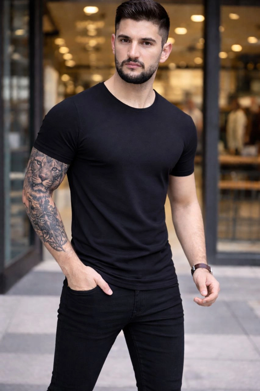 ASSEMA Erkek 2'li Bisiklet Yaka Tişört - Kısa Kollu Yazlık Slim Fit Body - Siyah & Ekru
