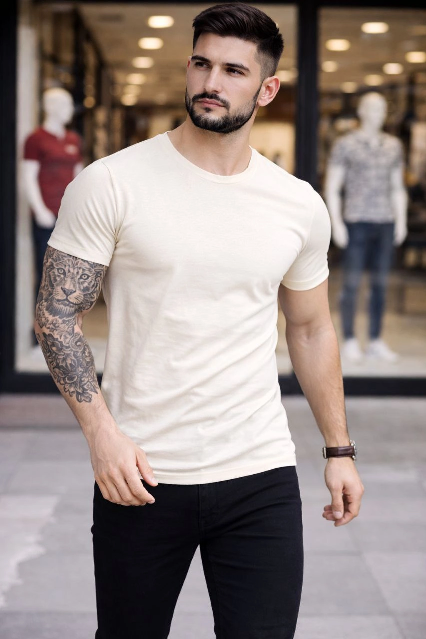 ASSEMA Erkek 2'li Bisiklet Yaka Tişört - Kısa Kollu Yazlık Slim Fit Body - Siyah & Ekru