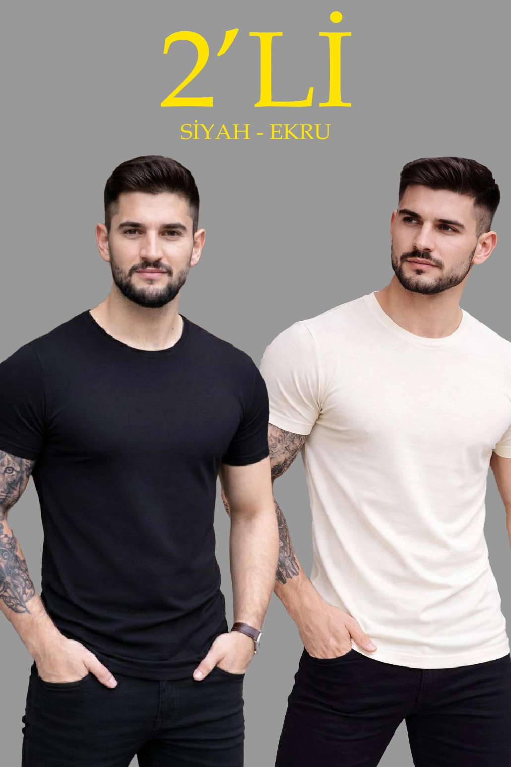 ASSEMA Erkek 2'li Bisiklet Yaka Tişört - Kısa Kollu Yazlık Slim Fit Body - Siyah & Ekru