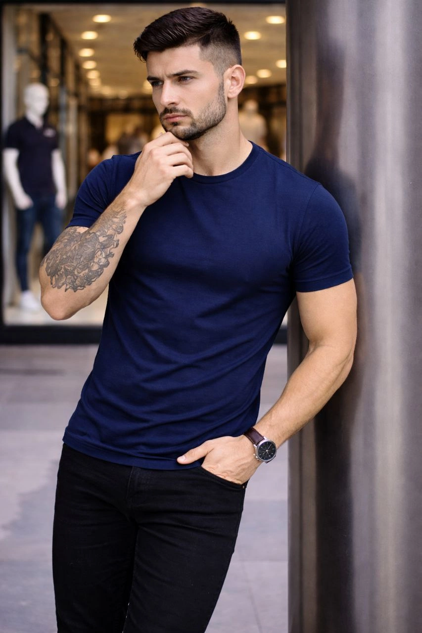 ASSEMA Erkek 2'li Bisiklet Yaka Tişört - Kısa Kollu Yazlık Slim Fit Body - Siyah & Lacivert