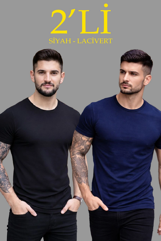 ASSEMA Erkek 2'li Bisiklet Yaka Tişört - Kısa Kollu Yazlık Slim Fit Body - Siyah & Lacivert