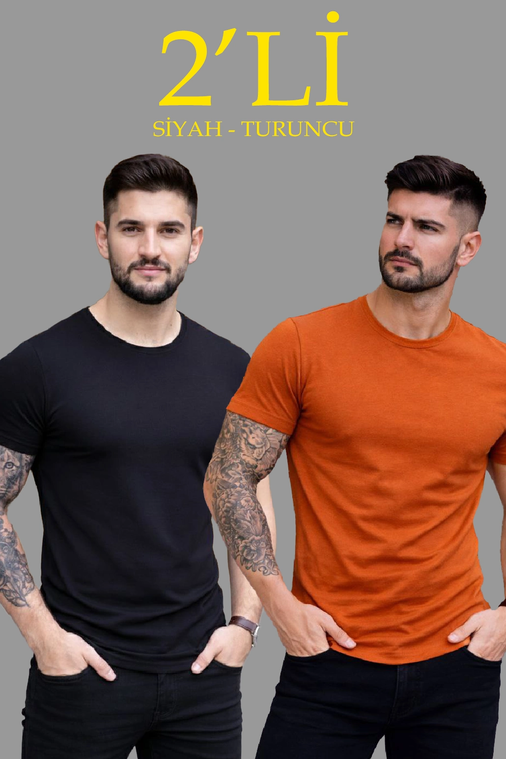 ASSEMA Erkek 2'li Bisiklet Yaka Tişört - Kısa Kollu Yazlık Slim Fit Body - Siyah & Turuncu