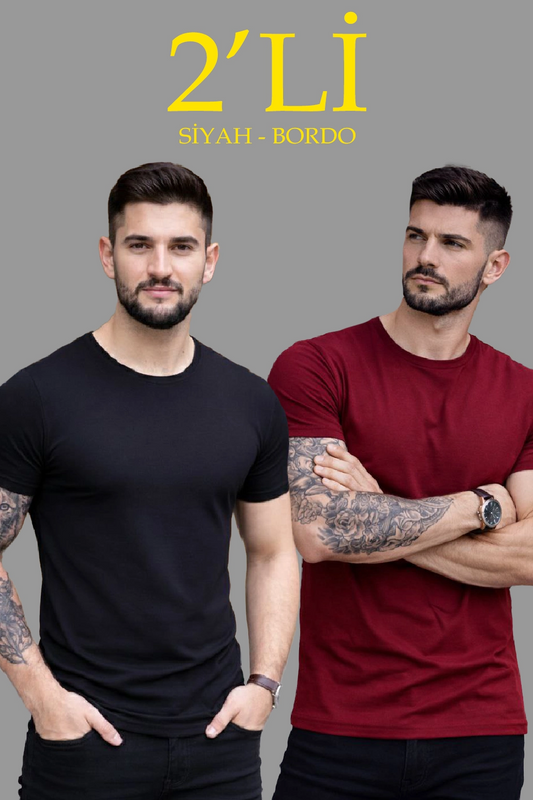 ASSEMA Erkek 2'li Bisiklet Yaka Tişört - Kısa Kollu Yazlık Slim Fit Body - Siyah & Bordo