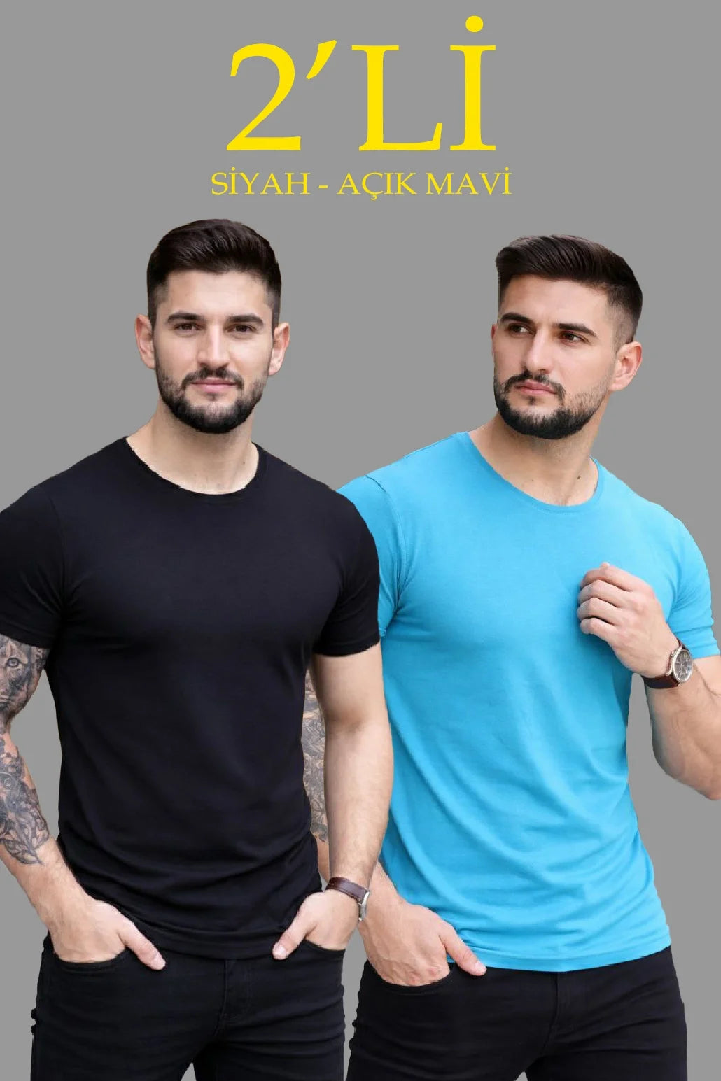 ASSEMA Erkek 2'li Bisiklet Yaka Tişört - Kısa Kollu Yazlık Slim Fit Body - Siyah & Açık Mavi