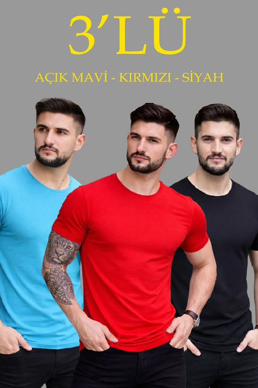 ASSEMA Erkek 3'lü Bisiklet Yaka Tişört - Kısa Kollu Yazlık Pamuklu Slim Fit Body - Siyah, Kırmızı, Açık Mavi