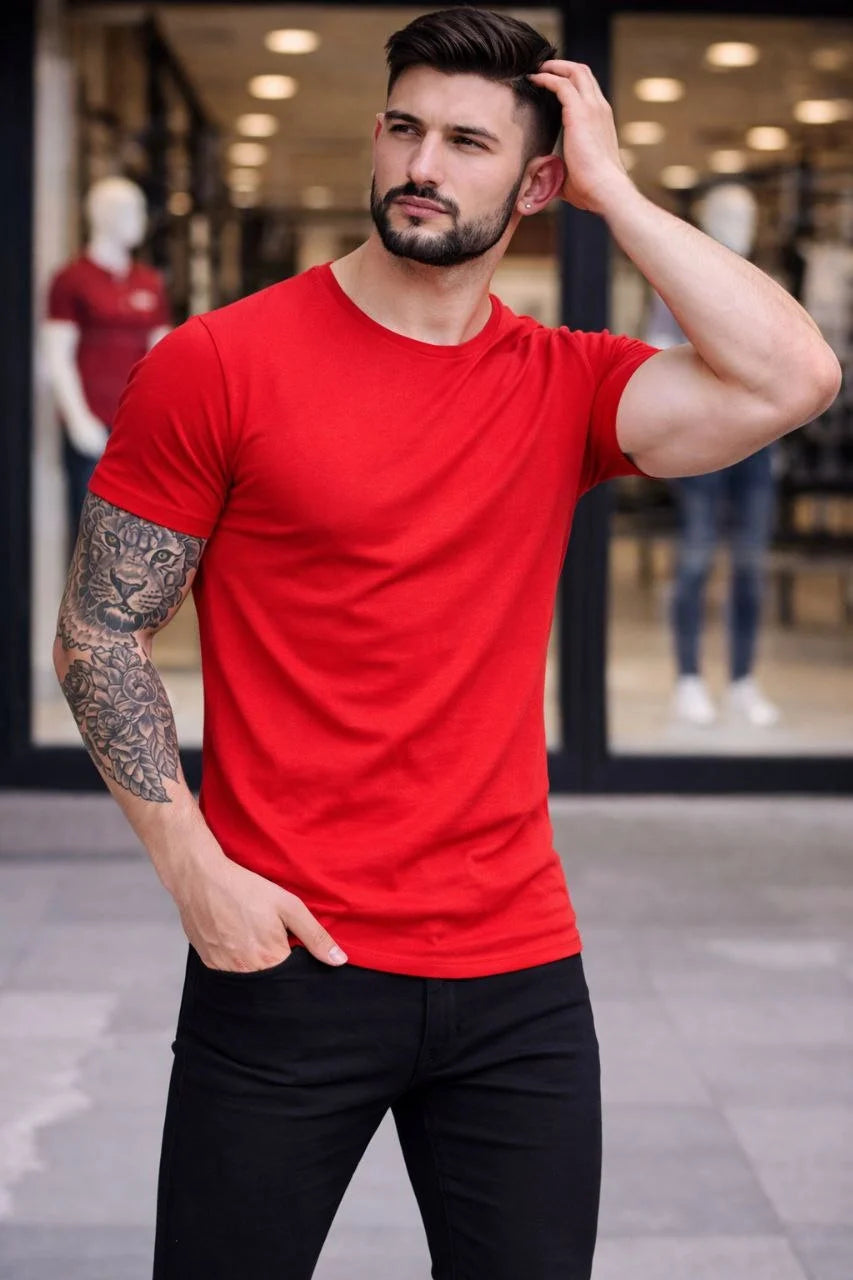 ASSEMA Erkek 3'lü Bisiklet Yaka Tişört - Kısa Kollu Yazlık Pamuklu Slim Fit Body - Siyah, Kırmızı, Açık Mavi