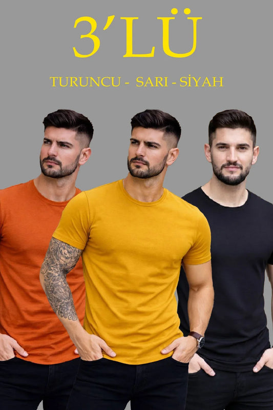 ASSEMA Erkek 3'lü Bisiklet Yaka Tişört - Kısa Kollu Yazlık Pamuklu Slim Fit Body - Siyah, Turuncu, Sarı
