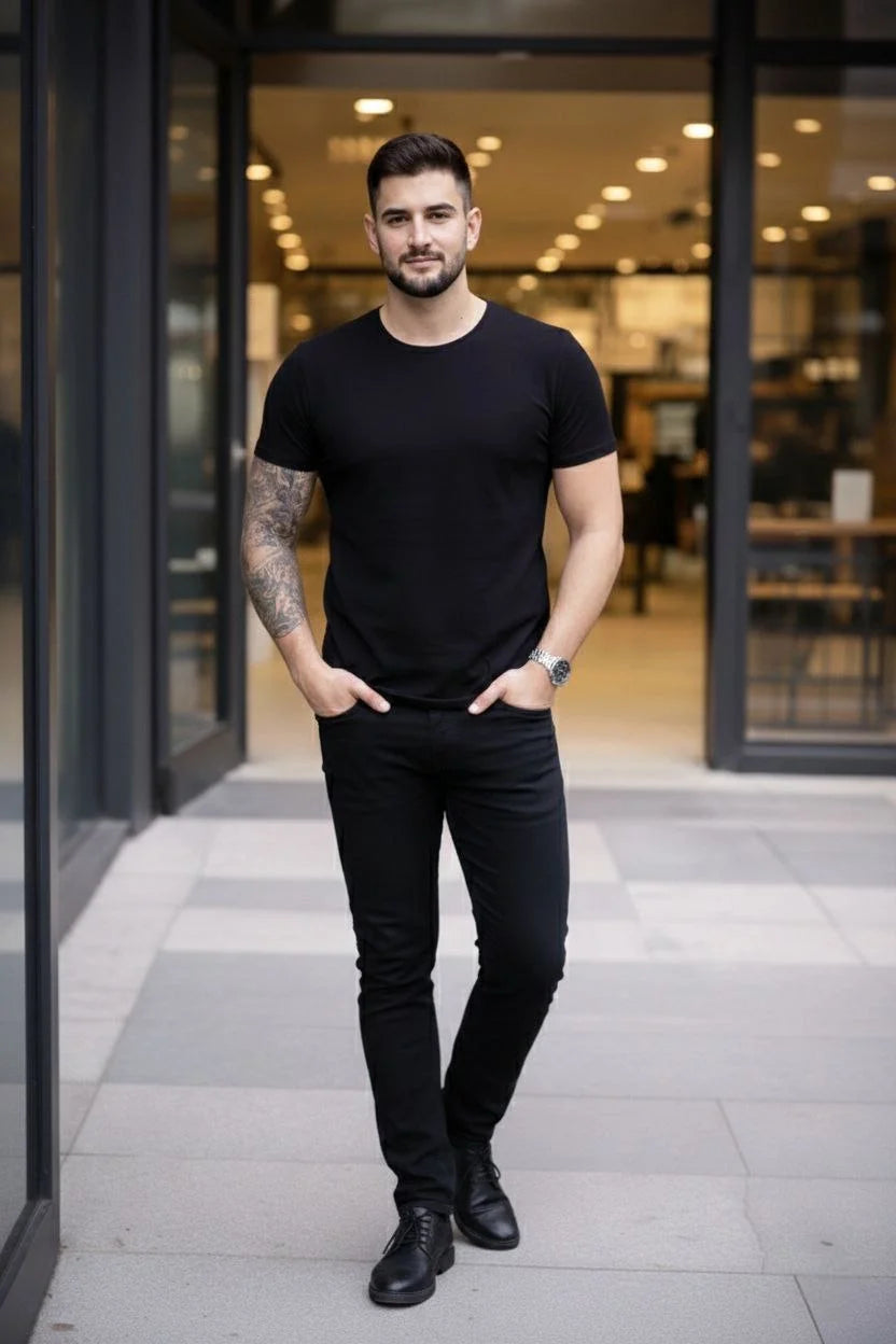 ASSEMA Erkek 3'lü Bisiklet Yaka Tişört - Kısa Kollu Yazlık Pamuklu Slim Fit Body - Siyah, Turuncu, Sarı