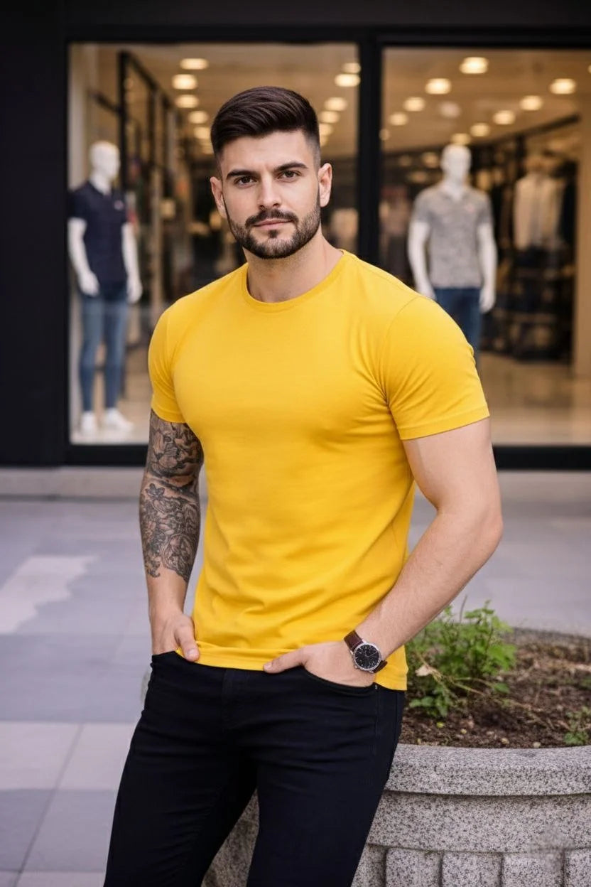 ASSEMA Erkek 3'lü Bisiklet Yaka Tişört - Kısa Kollu Yazlık Pamuklu Slim Fit Body - Siyah, Turuncu, Sarı