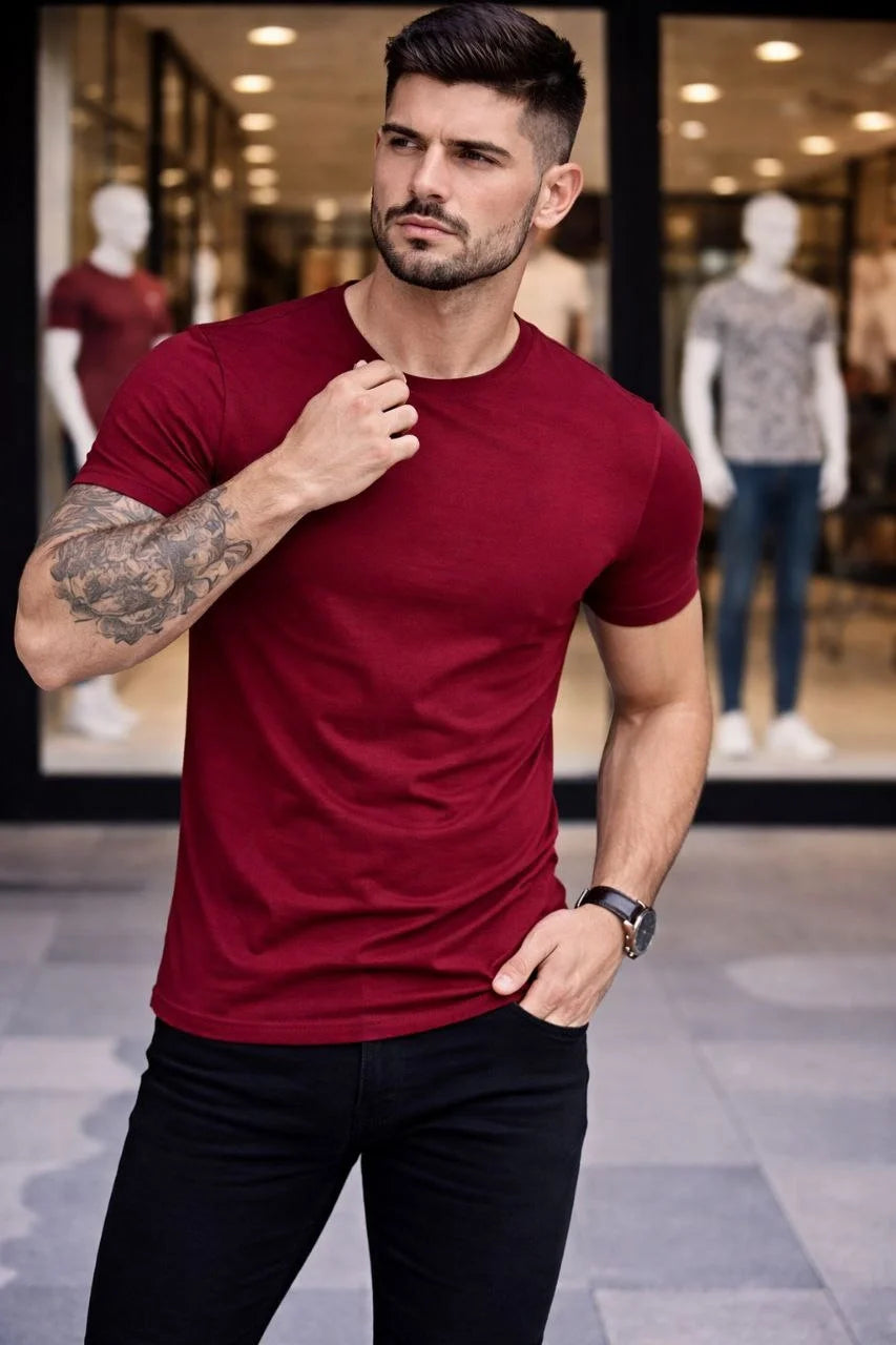ASSEMA Erkek 3'lü Bisiklet Yaka Tişört - Kısa Kollu Yazlık Pamuklu Slim Fit Body - Siyah, Açık Mavi, Bordo