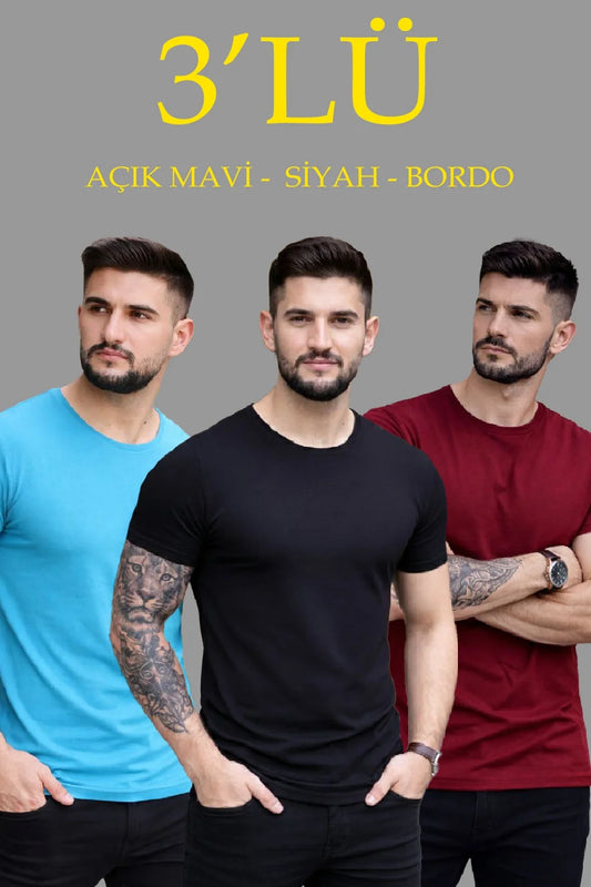 ASSEMA Erkek 3'lü Bisiklet Yaka Tişört - Kısa Kollu Yazlık Pamuklu Slim Fit Body - Siyah, Açık Mavi, Bordo