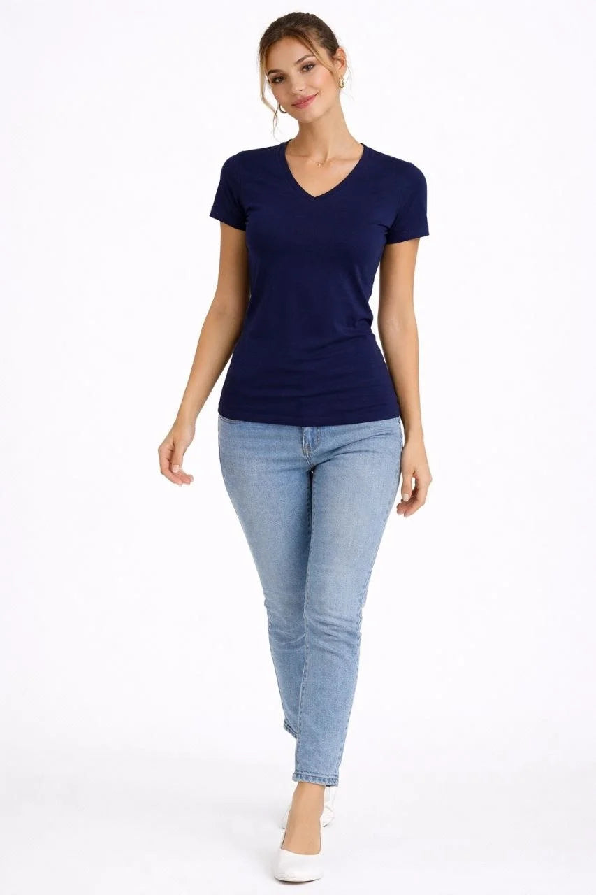 ASSEMA Kadın 2'li V Yaka Tişört - Kısa Kollu Yazlık Slim Fit Body - Lacivert & Ekru