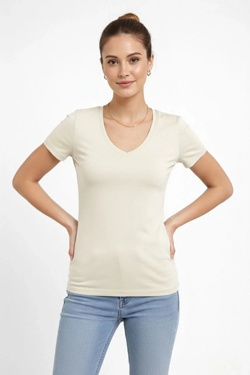 ASSEMA Kadın 2'li V Yaka Tişört - Kısa Kollu Yazlık Slim Fit Body - Saks Mavisi & Ekru