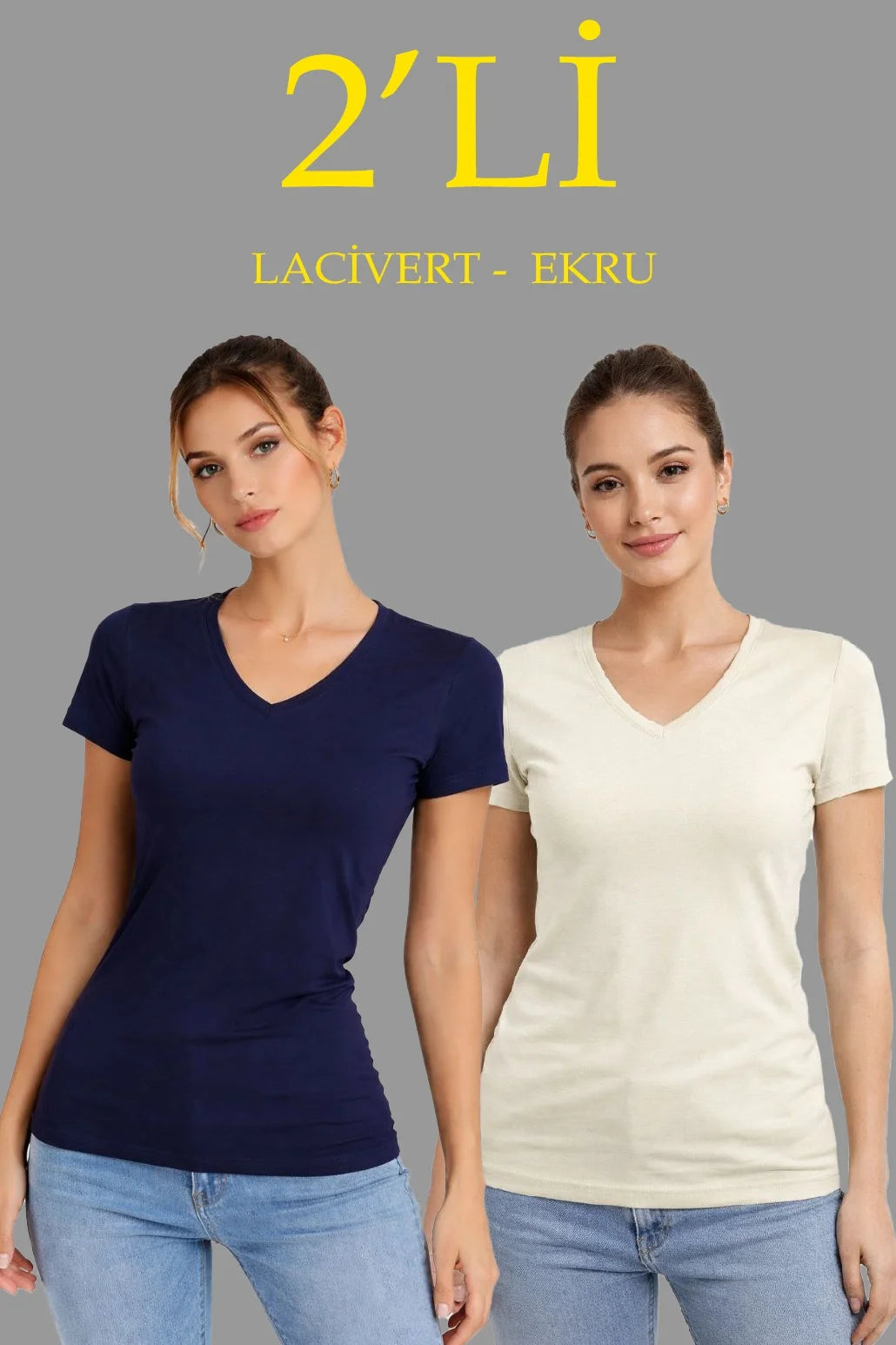 ASSEMA Kadın 2'li V Yaka Tişört - Kısa Kollu Yazlık Slim Fit Body - Lacivert & Ekru