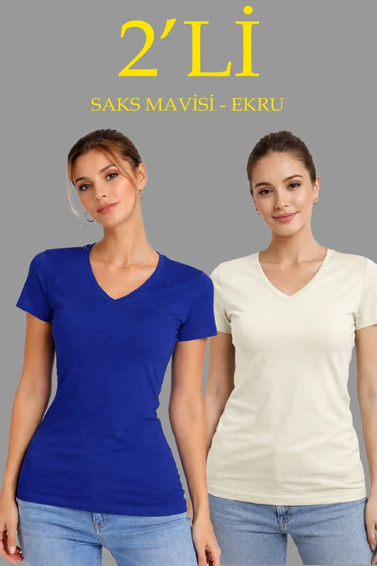 ASSEMA Kadın 2'li V Yaka Tişört - Kısa Kollu Yazlık Slim Fit Body - Saks Mavisi & Ekru