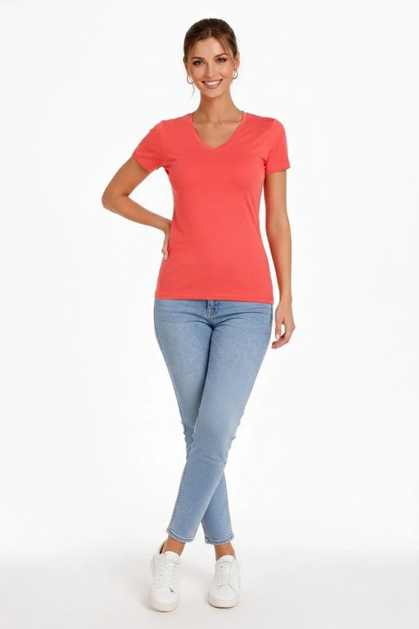 ASSEMA Kadın 2'li V Yaka Tişört - Kısa Kollu Yazlık Slim Fit Body - Nar Çiçeği & Açık Mavi