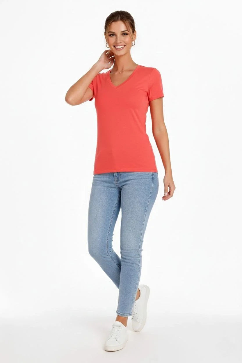 ASSEMA Kadın 2'li V Yaka Tişört - Kısa Kollu Yazlık Slim Fit Body - Nar Çiçeği & Açık Mavi