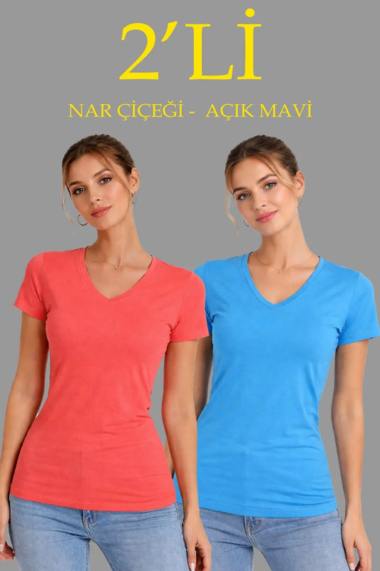 ASSEMA Kadın 2'li V Yaka Tişört - Kısa Kollu Yazlık Slim Fit Body - Nar Çiçeği & Açık Mavi