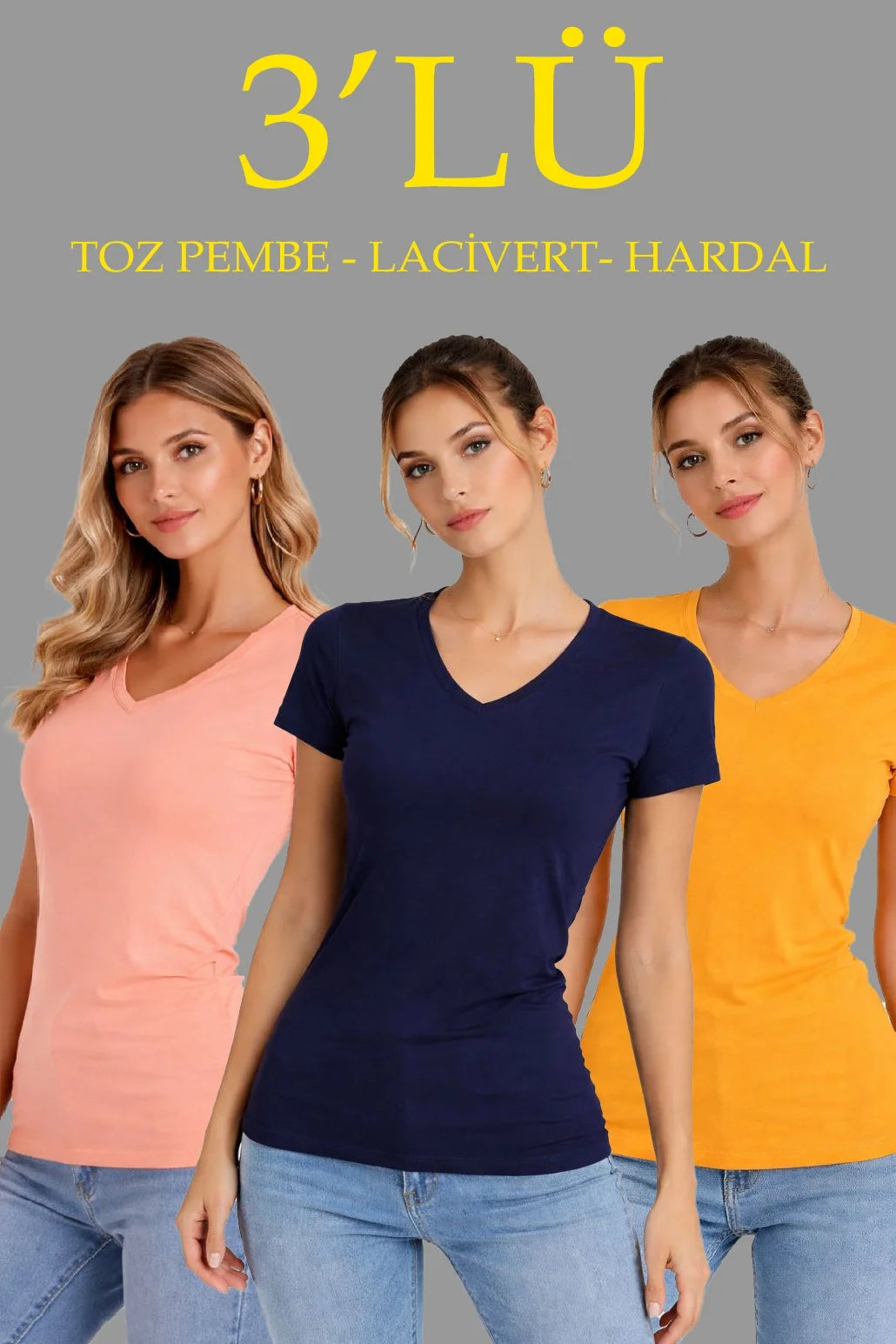 ASSEMA Kadın 3'lü V Yaka Tişört - Kısa Kollu Yazlık Slim Fit Body - Toz Pembe, Lacivert, Hardal