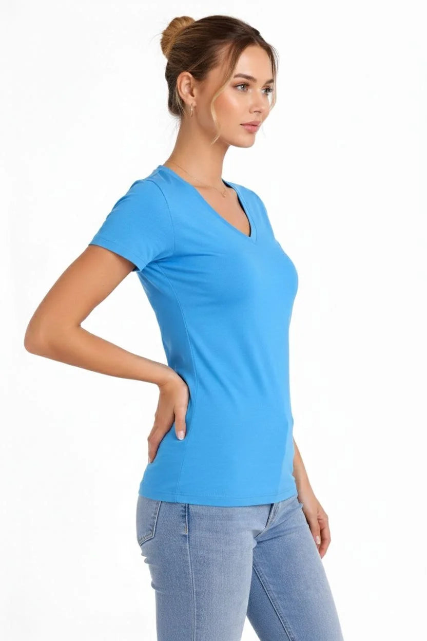 ASSEMA Kadın 3'lü V Yaka Tişört - Kısa Kollu Yazlık Slim Fit Body - Pembe, Açık Mavi, Ekru