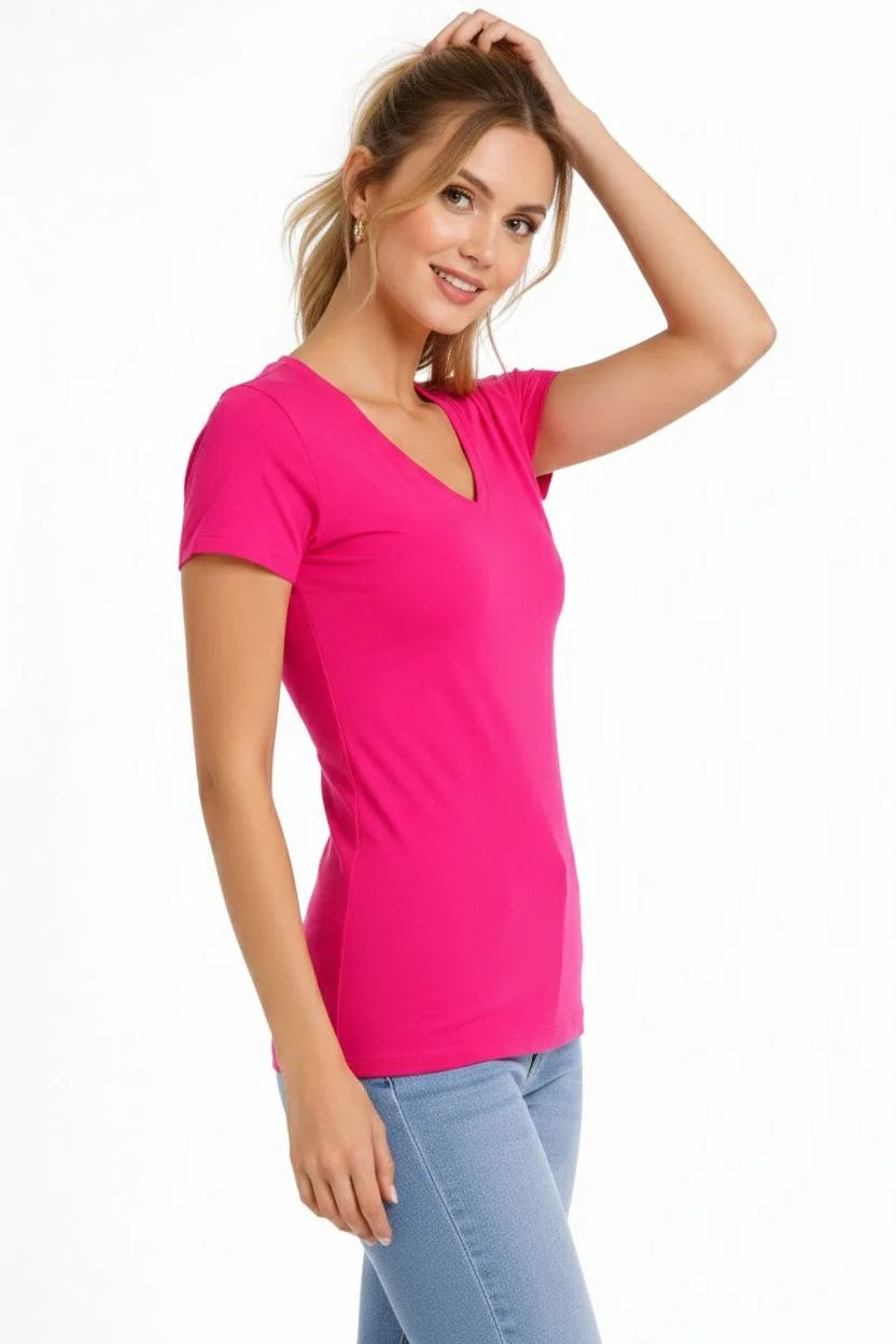 ASSEMA Kadın 3'lü V Yaka Tişört - Kısa Kollu Yazlık Slim Fit Body - Pembe, Açık Mavi, Ekru