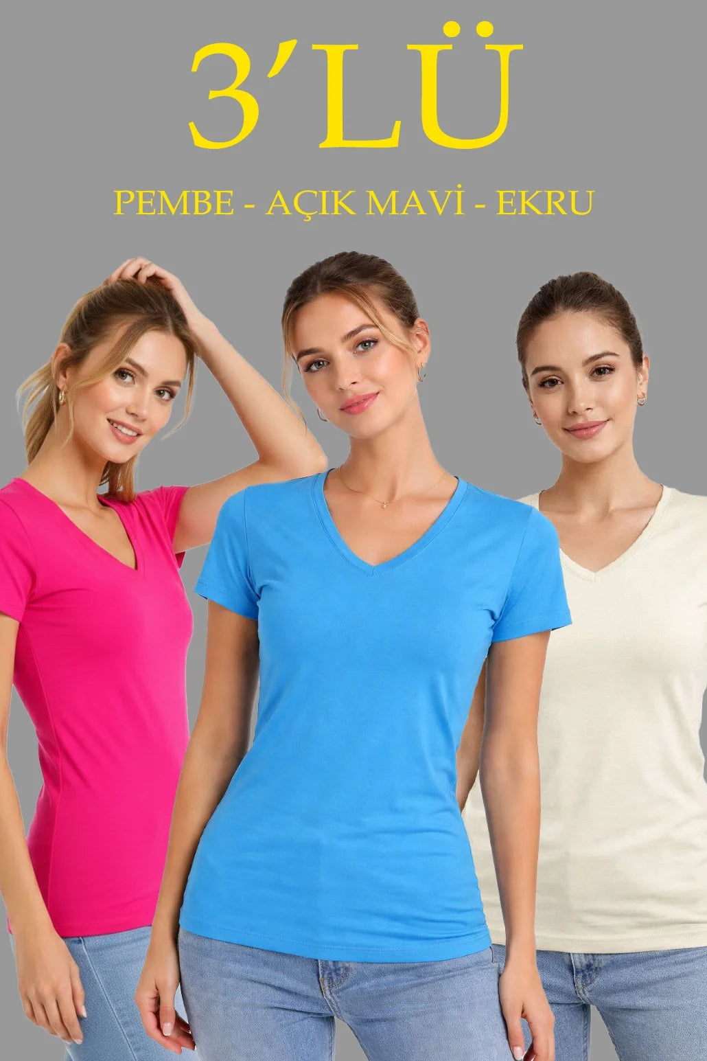 ASSEMA Kadın 3'lü V Yaka Tişört - Kısa Kollu Yazlık Slim Fit Body - Pembe, Açık Mavi, Ekru