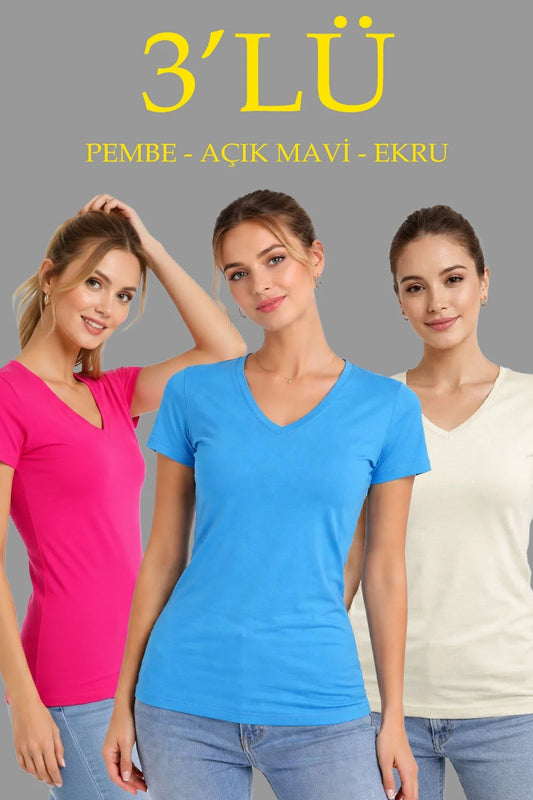 ASSEMA Kadın 3'lü V Yaka Tişört - Kısa Kollu Yazlık Slim Fit Body - Pembe, Açık Mavi, Ekru