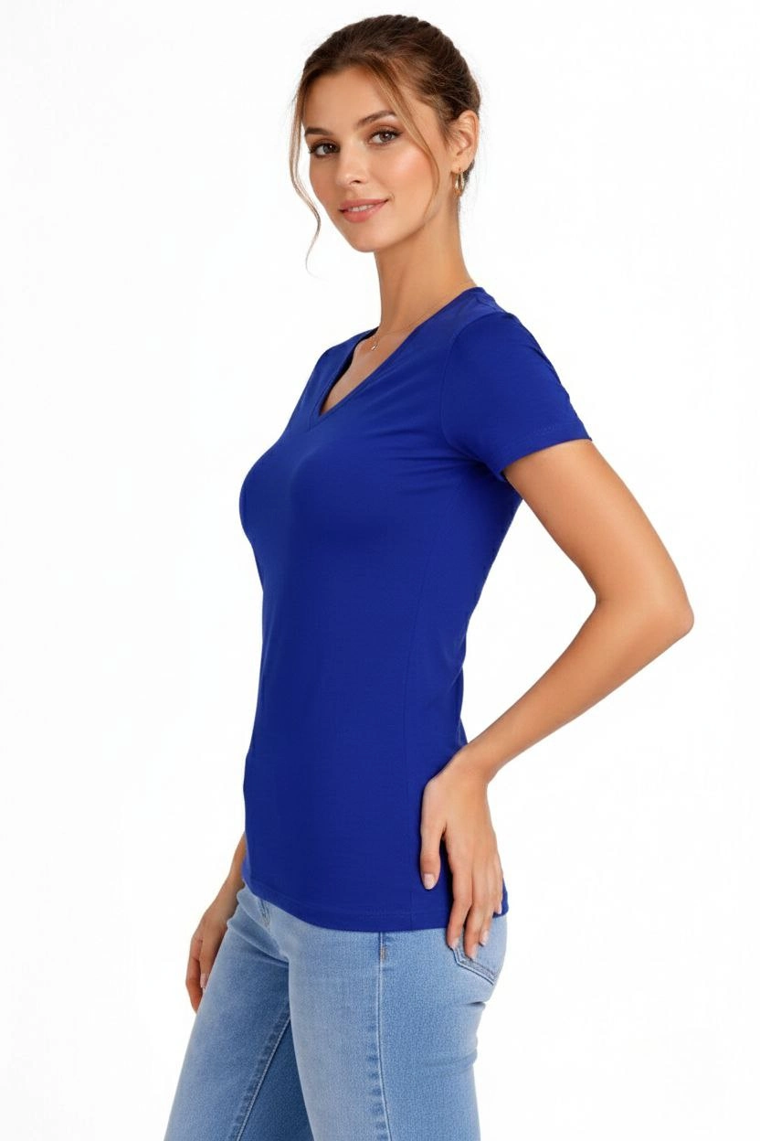 ASSEMA Kadın 3'lü V Yaka Tişört - Kısa Kollu Yazlık Slim Fit Body - Pembe, Saks Mavi, Ekru