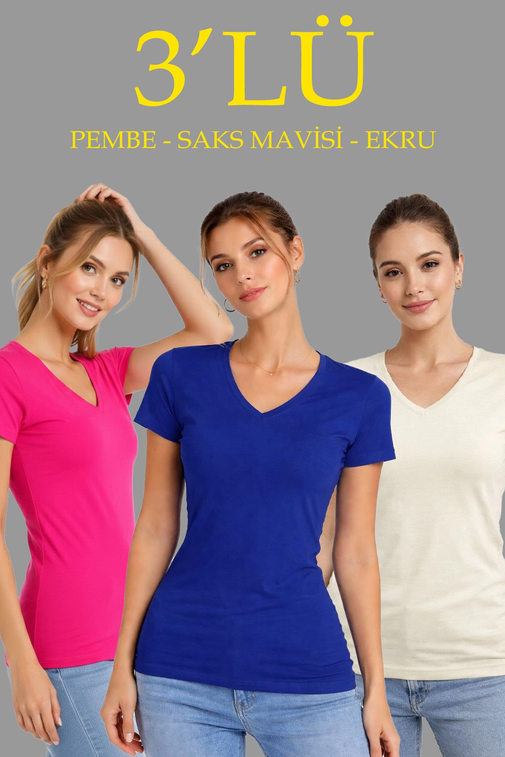 ASSEMA Kadın 3'lü V Yaka Tişört - Kısa Kollu Yazlık Slim Fit Body - Pembe, Saks Mavi, Ekru