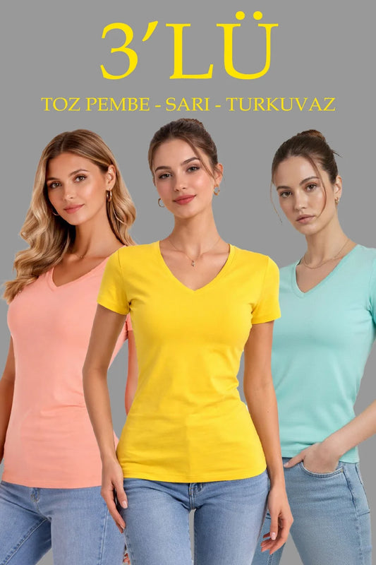 ASSEMA Kadın 3'lü V Yaka Tişört - Kısa Kollu Yazlık Slim Fit Body - Toz Pembe, Sarı, Turkuvaz