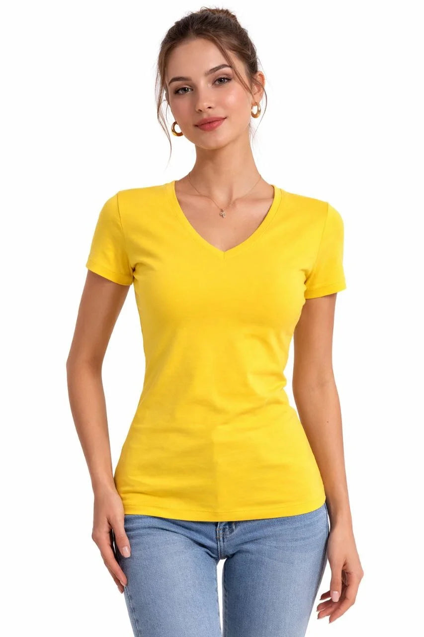 ASSEMA Kadın 3'lü V Yaka Tişört - Kısa Kollu Yazlık Slim Fit Body - Toz Pembe, Sarı, Turkuvaz