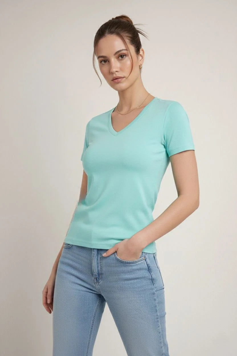 ASSEMA Kadın 3'lü V Yaka Tişört - Kısa Kollu Yazlık Slim Fit Body - Toz Pembe, Sarı, Turkuvaz