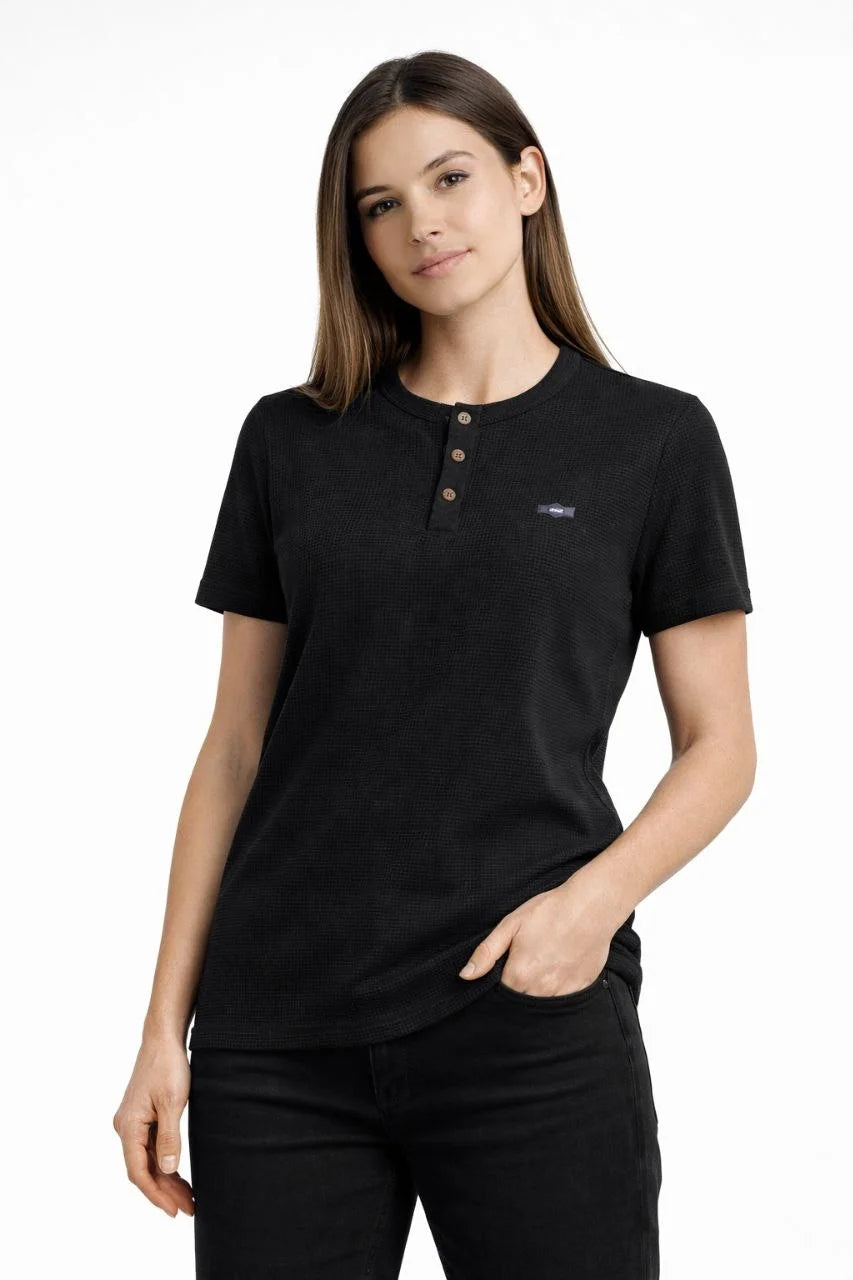 ASSEMA Kadın Waffle Dokulu Likralı Henley Yaka Düğmeli Regular Kısa Kollu T-Shirt - Siyah
