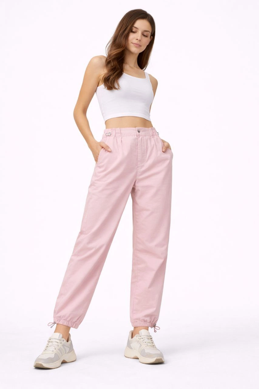 ASSEMA Kadın Paraşüt Kumaş Pantolon Bel ve Paça Ayarlanabilir Lastikli Spor Pantolon - Toz Pembe