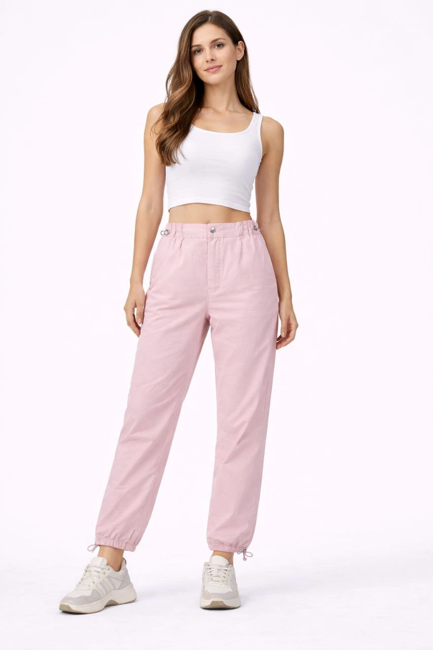 ASSEMA Kadın Paraşüt Kumaş Pantolon Bel ve Paça Ayarlanabilir Lastikli Spor Pantolon - Toz Pembe