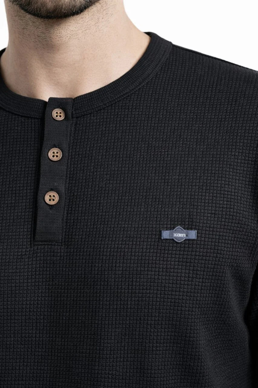 ASSEMA Erkek Waffle Dokulu Likralı Henley Yaka Düğmeli Regular Fit Kısa Kollu T-Shirt - Siyah