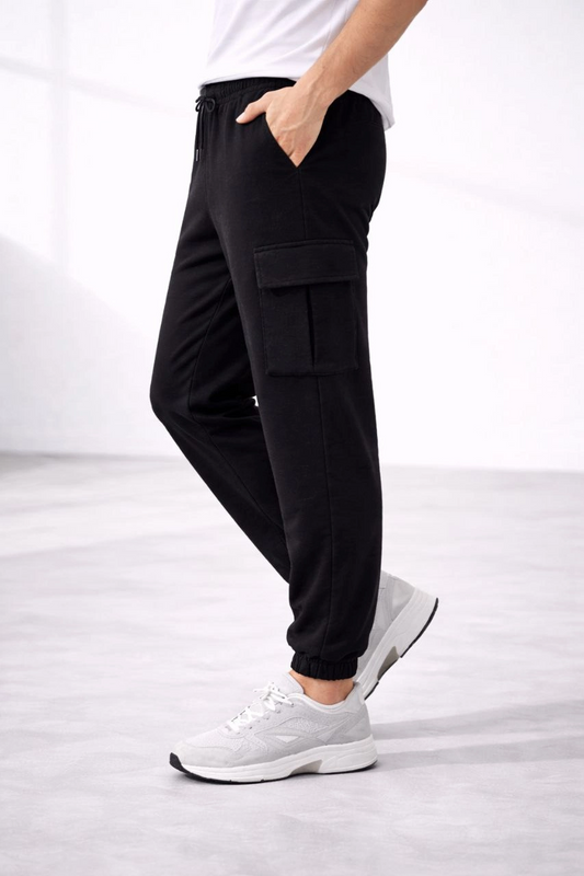 ASSEMA Erkek Jogger Eşofman Altı Regular Fit , Kargo Cepli, Lastikli Paça, Günlük Spor Pantolon - Siyah