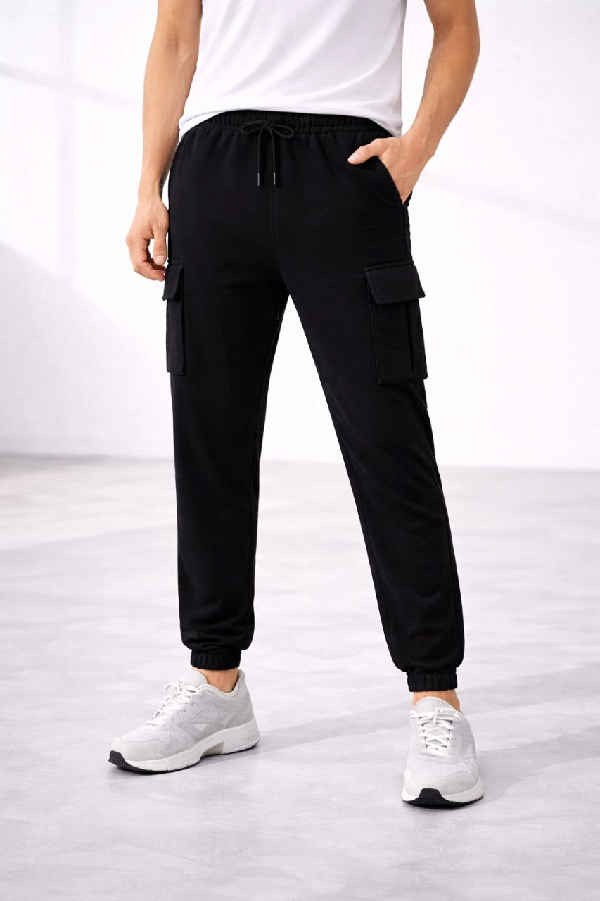 ASSEMA Erkek Jogger Eşofman Altı Regular Fit , Kargo Cepli, Lastikli Paça, Günlük Spor Pantolon - Siyah