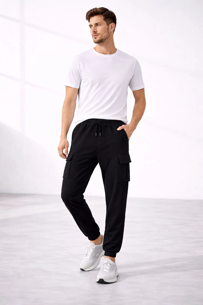 ASSEMA Erkek Jogger Eşofman Altı Regular Fit , Kargo Cepli, Lastikli Paça, Günlük Spor Pantolon - Siyah