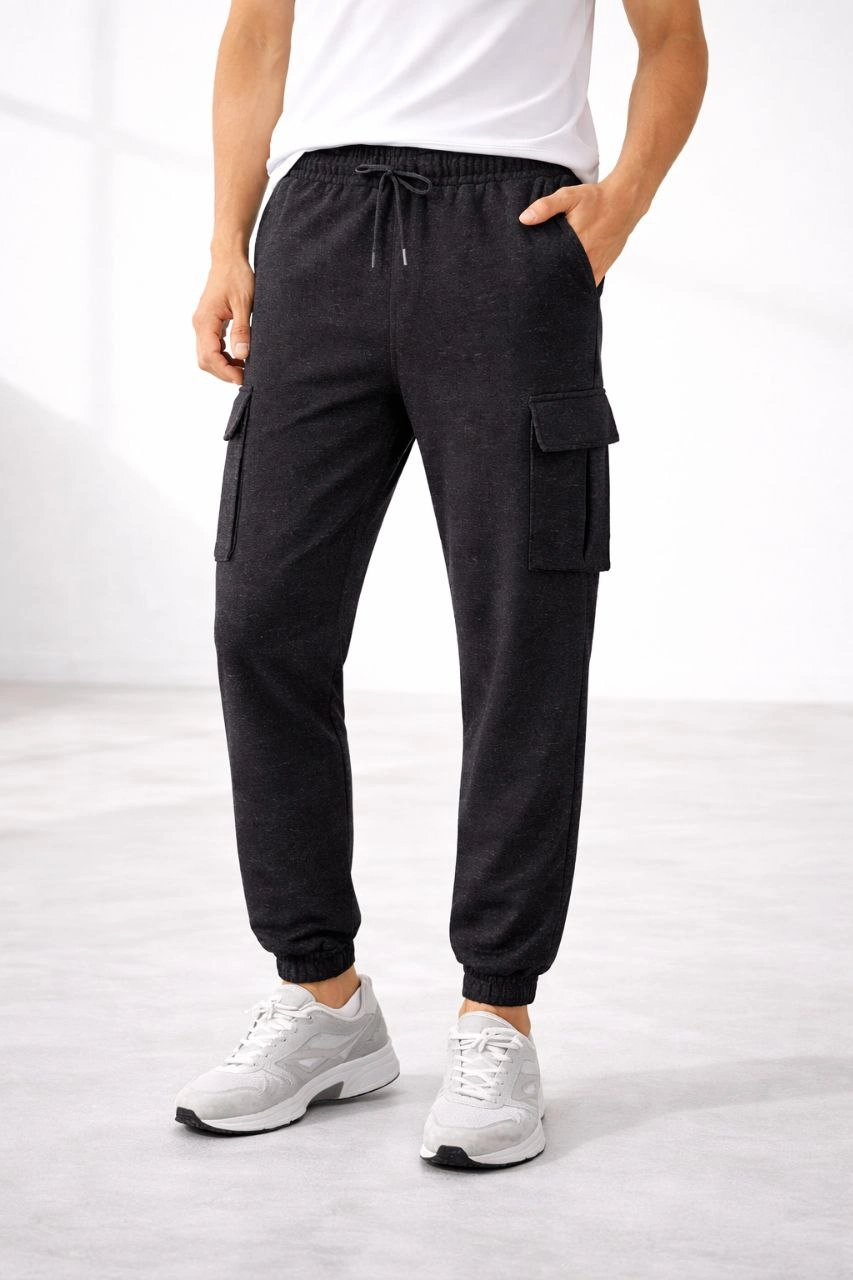 ASSEMA Erkek Jogger Eşofman Altı Regular Fit , Kargo Cepli, Lastikli Paça, Günlük Spor Pantolon - Füme