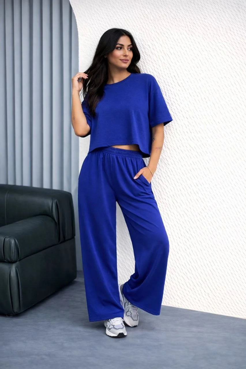ASSEMA Kadın Osy Modal yumuşak dokulu Oversize İkili Takım Bol Paça Pantolonlu Takım - Saks Mavisi