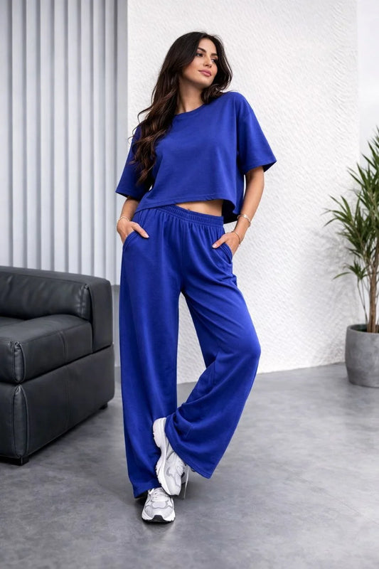 ASSEMA Kadın Osy Modal yumuşak dokulu Oversize İkili Takım Bol Paça Pantolonlu Takım - Saks Mavisi