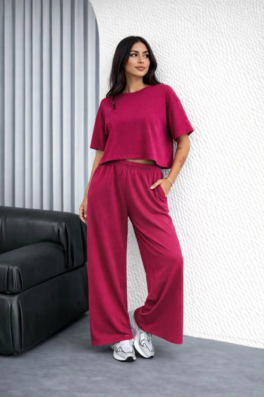 ASSEMA Kadın Osy Modal yumuşak dokulu Oversize İkili Takım Bol Paça Pantolonlu Takım - Fuşya