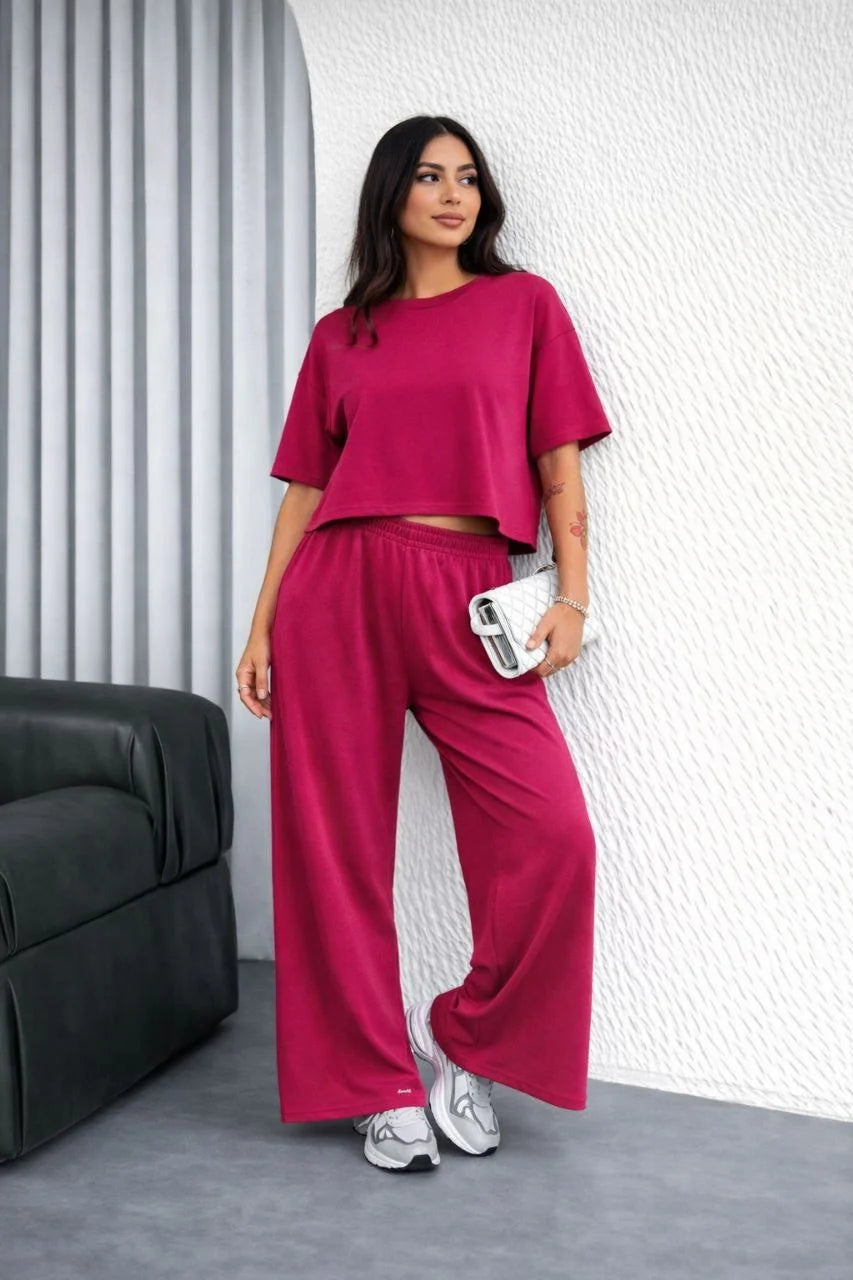 ASSEMA Kadın Osy Modal yumuşak dokulu Oversize İkili Takım Bol Paça Pantolonlu Takım - Fuşya