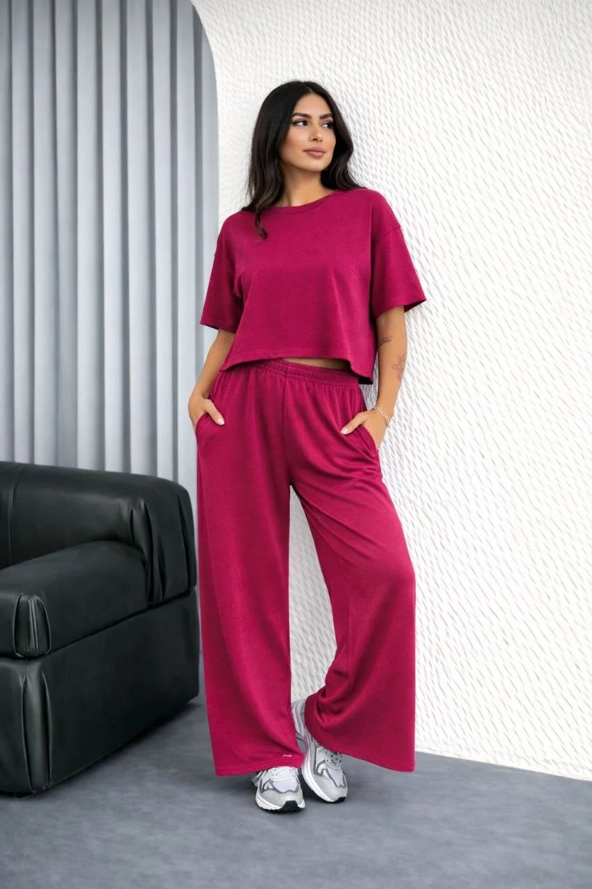 ASSEMA Kadın Osy Modal yumuşak dokulu Oversize İkili Takım Bol Paça Pantolonlu Takım - Fuşya